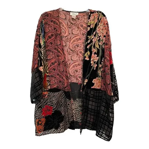 Anis A Open Kimono Burnout Velvet Topper Art to Wear Animal Print Floral L/XL - Picture 12 of 12